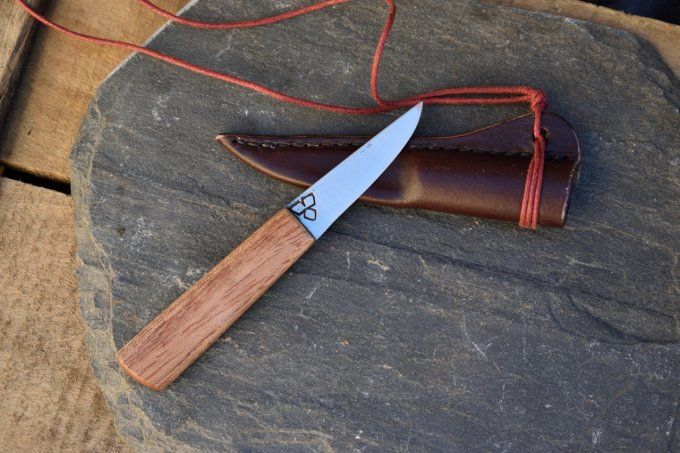 Couteau utilitaire 14cm, Manche en Acajou, Etui cuir moulé