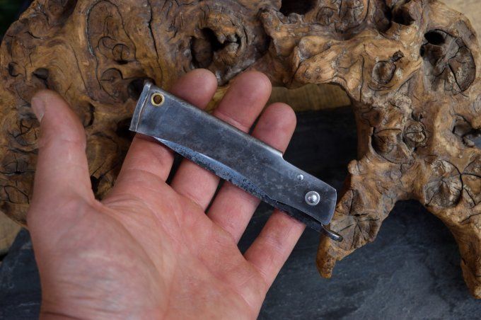 Couteau pliant à friction 20cm, manche en acier, système deux clous
